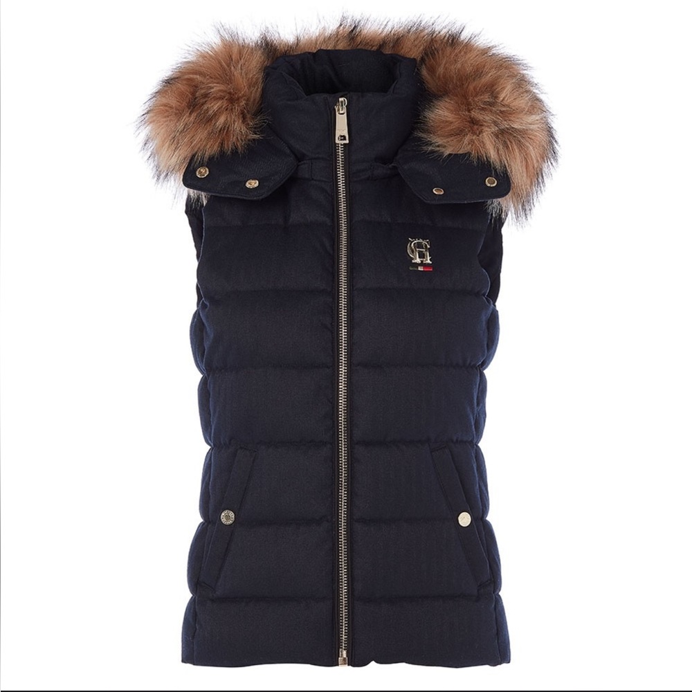 Holland Cooper Heritage Grey Puffer Vest with Faux Fur Hood Small